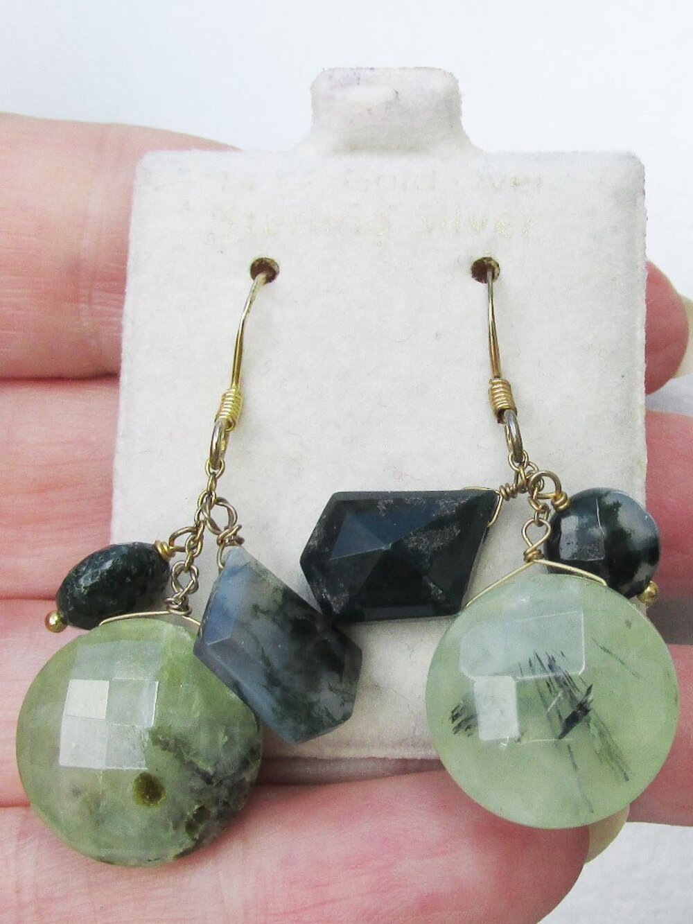 New on Card Gold on Sterling Silver Green Moss Agate Dangle Vintage Earrings